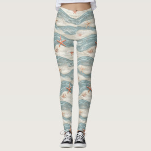 Coastal Starfish on Aqua Sand Waves Pattern (7) Leggings