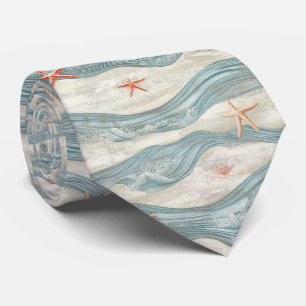 Coastal Starfish on Aqua Sand Waves Pattern (7) Tie