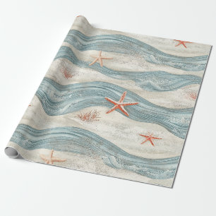 Coastal Starfish on Aqua Sand Waves Pattern (7) Wrapping Paper