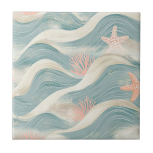 Coastal Starfish on Aqua Sand Waves Pattern (8) Ceramic Tile