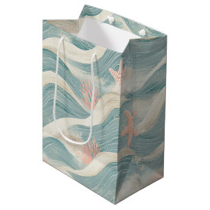 Coastal Starfish on Aqua Sand Waves Pattern (8) Medium Gift Bag