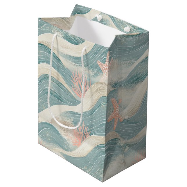 Coastal Starfish on Aqua Sand Waves Pattern (8) Medium Gift Bag (Front Angled)