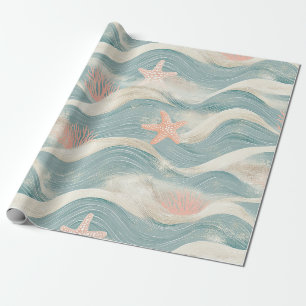 Coastal Starfish on Aqua Sand Waves Pattern (8) Wrapping Paper