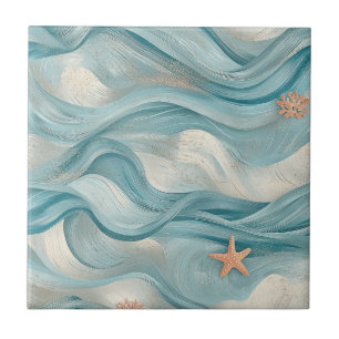 Coastal Starfish on Aqua Sand Waves Pattern (9) Ceramic Tile