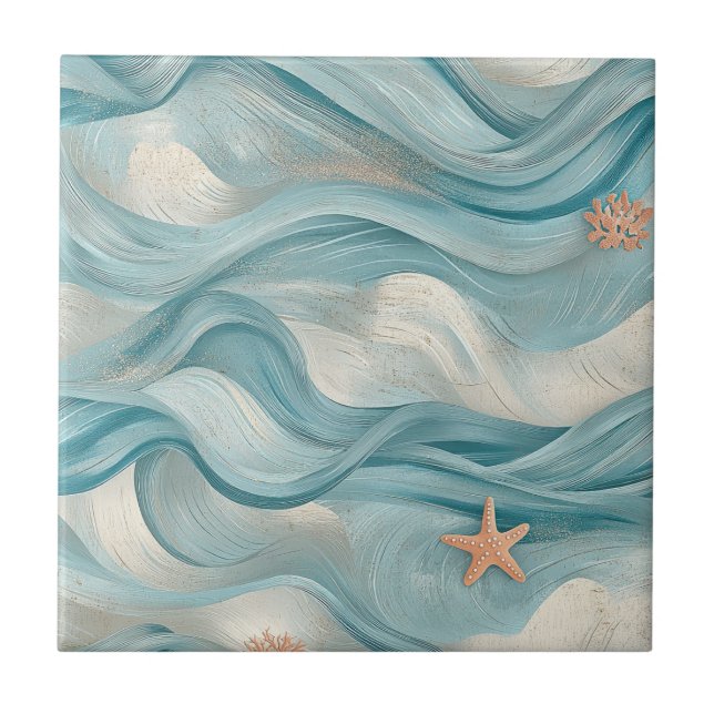 Coastal Starfish on Aqua Sand Waves Pattern (9) Ceramic Tile (Front)