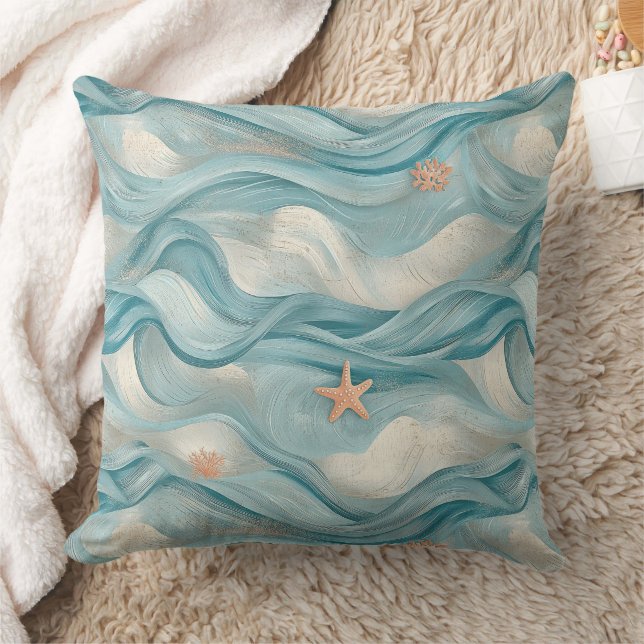 Coastal Starfish on Aqua Sand Waves Pattern (9) Cushion (Blanket)