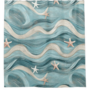 Coastal Starfish on Aqua Sand Waves Pattern (9) Shower Curtain