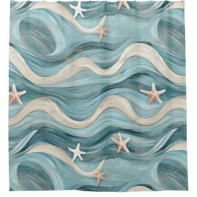 Coastal Starfish on Aqua Sand Waves Pattern (9) Shower Curtain (Front)