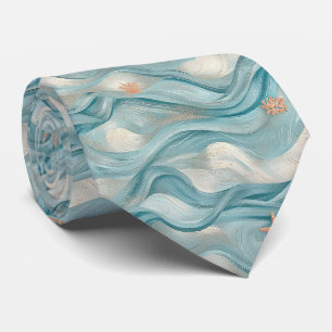 Coastal Starfish on Aqua Sand Waves Pattern (9) Tie
