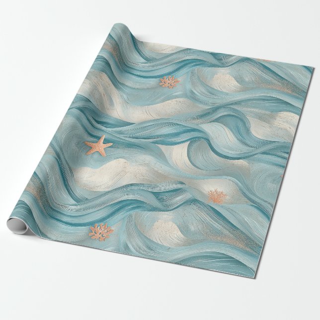 Coastal Starfish on Aqua Sand Waves Pattern (9) Wrapping Paper (Unrolled)