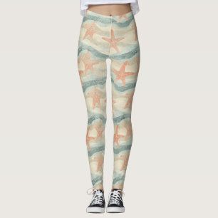 Coastal Starfish on Aqua Sand Waves Pattern Leggings