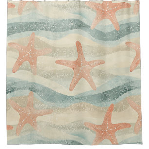 Coastal Starfish on Aqua Sand Waves Pattern Shower Curtain