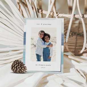 Coastal Stripe Border Christmas Photo Silver Foil Holiday Card