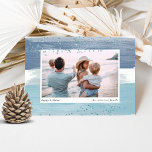 Coastal Stripe Holiday Photo Card<br><div class="desc">Chic coastal style holiday card adds nautical flair to your Christmas greetings. Perfect for sharing a vacation photo, or for families who live in coastal, tropical, warm weather or island locales, this elegant design features your favourite horizontal or landscape orientated photo on a background of blue and sea green watercolor...</div>