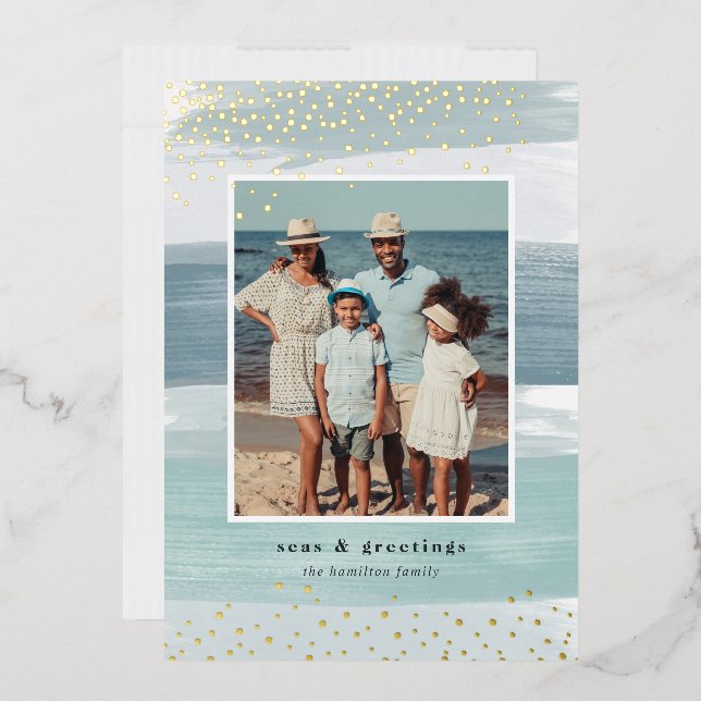 Coastal Stripe | Vertical Photo Christmas Foil Holiday Card (Envelope)