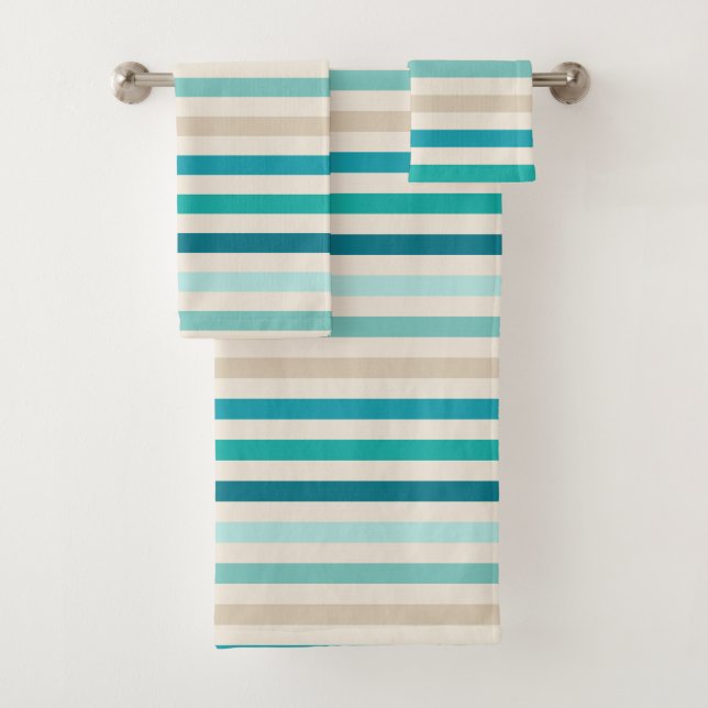 Coastal Stripes, Lagoon, Blue, Teal, Sand Bath Towel Set (Insitu)