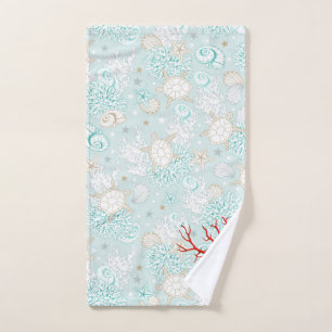 Coastal style beautiful light blue red coral hand towel