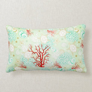 Coastal style beautiful turquoise teal red coral  lumbar cushion