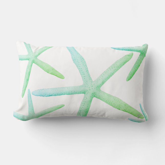 Coastal Style Trendy Starfish Blue Green Beach Lumbar Cushion (Front)