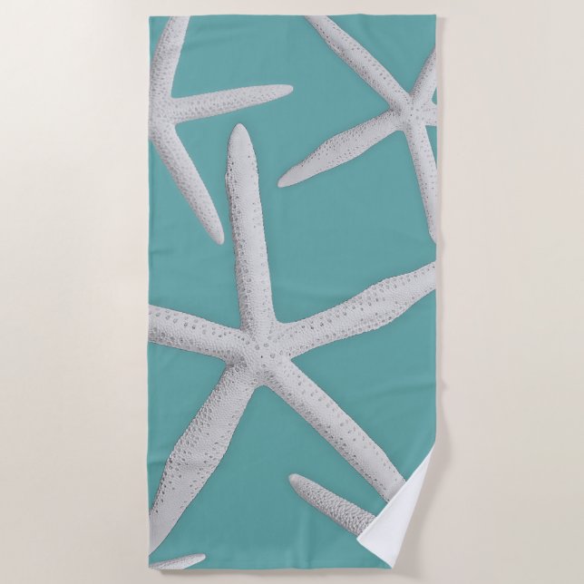 Coastal Style Trendy Starfish Turquoise Blue Beach Towel (Front)