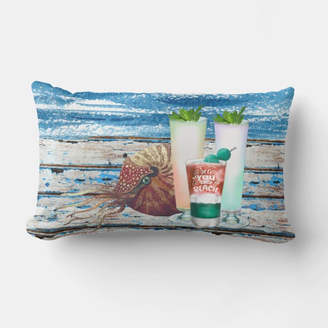 Coastal style Watercolor cocktails and nautilus Lu Lumbar Cushion (Front)