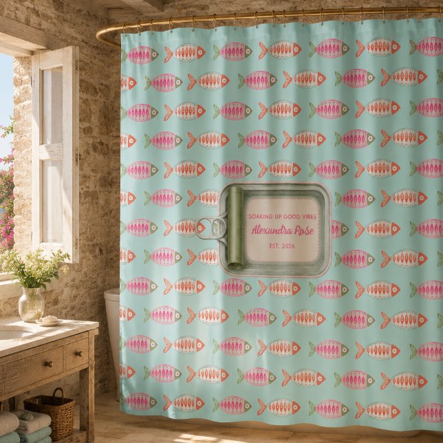 Coastal Summer Fish Tin Custom Name Shower Curtain (Creator Uploaded)