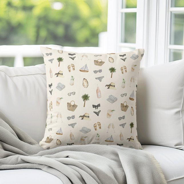 Coastal Summer Getaway Neutral Watercolor Pattern Cushion (Creator Uploaded)