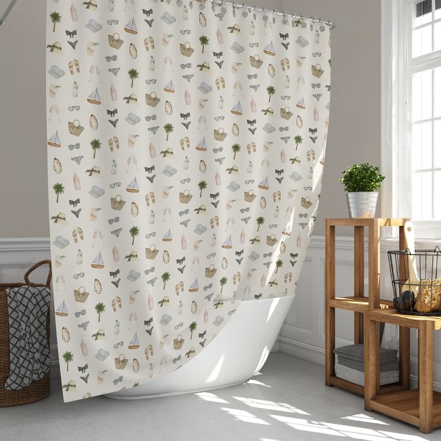 Coastal Summer Getaway Neutral Watercolor Pattern Shower Curtain (Creator Uploaded)