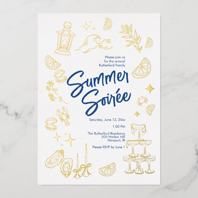 Coastal Summer Soirée Foil Invitation (Front)