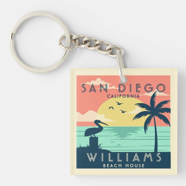 Coastal Summer Vintage Family Beach House Key Ring (Front)