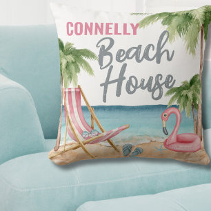 Coastal Summer Watercolor Beach House Cushion