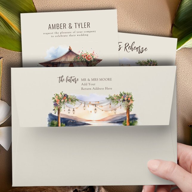 Coastal Sunset Fairy Lights Wedding Invitation Envelope (Wedding Invitation envelopes from the Sunset Beach Wedding Collection by Darling & May)