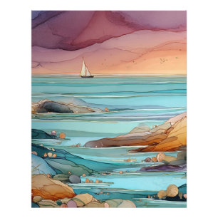 Coastal Sunset Serenity – Watercolor Ocean Seascap Photo Print