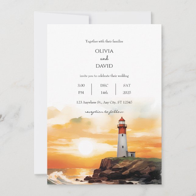  Coastal Sunset Waves Lighthouse Beach Wedding  Invitation (Front)