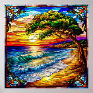 Coastal Sunset with Waves and a Tree Poster