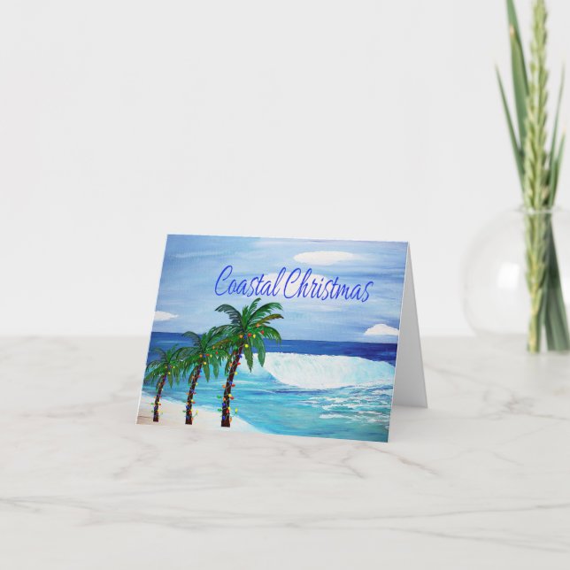 Coastal surf Holiday palm tree greeting cards. (Front)