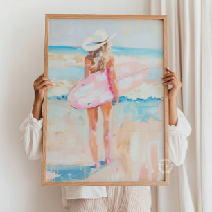 Coastal Surfer Cowgirl Oil Painting Print