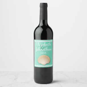 Coastal Tan Seashell & Sea Glass Green Wedding Wine Label