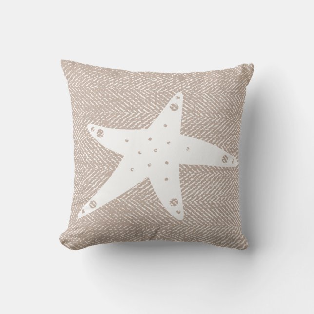 Coastal Taupe Herringbone & White Starfish Cushion (Front)