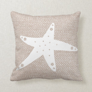 Coastal Taupe Herringbone & White Starfish Cushion