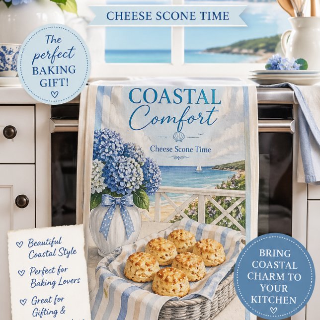Coastal Tea Towel Baking Gift Kitchen Decor (Coastal Comfort tea towel for baking lovers. A beautiful Hamptons-style kitchen gift idea.)
