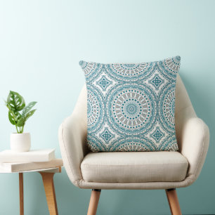 Coastal Teal and Sand Ocean-Inspired Mandala Cushion