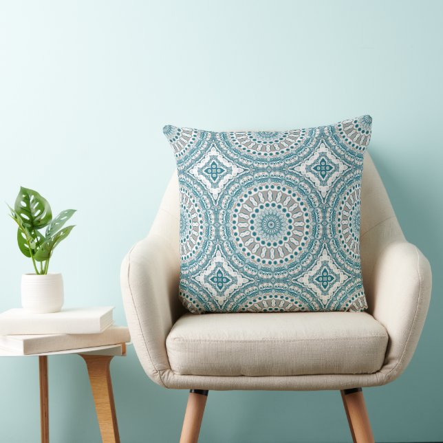 Coastal Teal and Sand Ocean-Inspired Mandala Cushion (Chair)
