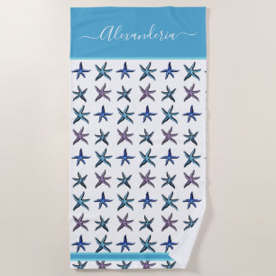 Coastal Teal aqua blue purple starfish Beach Towel