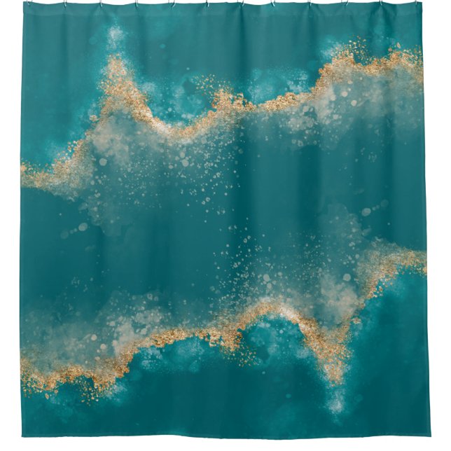 Coastal Teal blue Metallic gold agate Shower Curtain (Front)