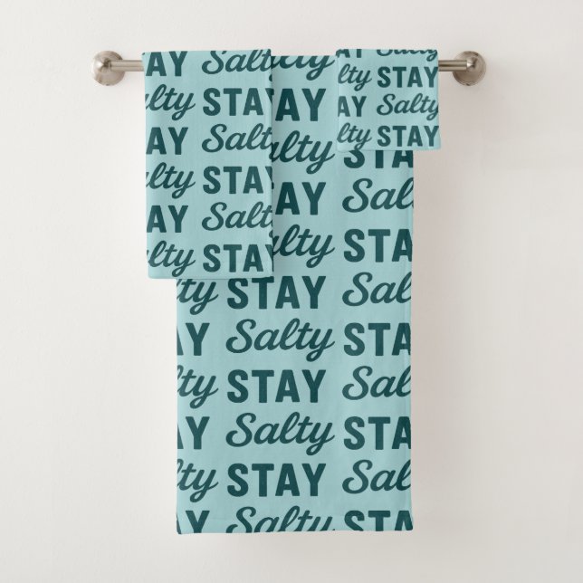 Coastal Teal Blue Stay Salty Graphic Beach Decor Bath Towel Set (Insitu)