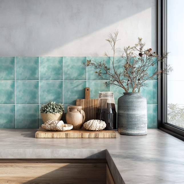 Coastal Teal Blue Watercolor Backsplash Ceramic Tile (Creator Uploaded)