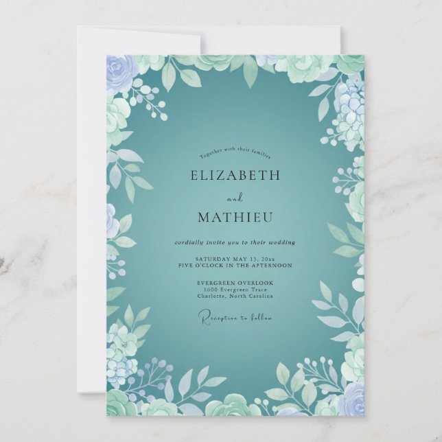 Coastal Teal Mint Leafy Wedding Invitation (Front)