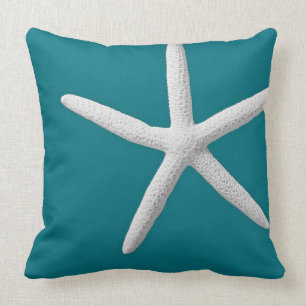 Coastal Teal Tropical White Starfish Modern Beach Cushion