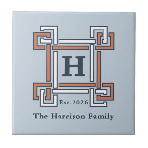 Coastal Terracotta Sky Blue Family Name Ceramic Tile